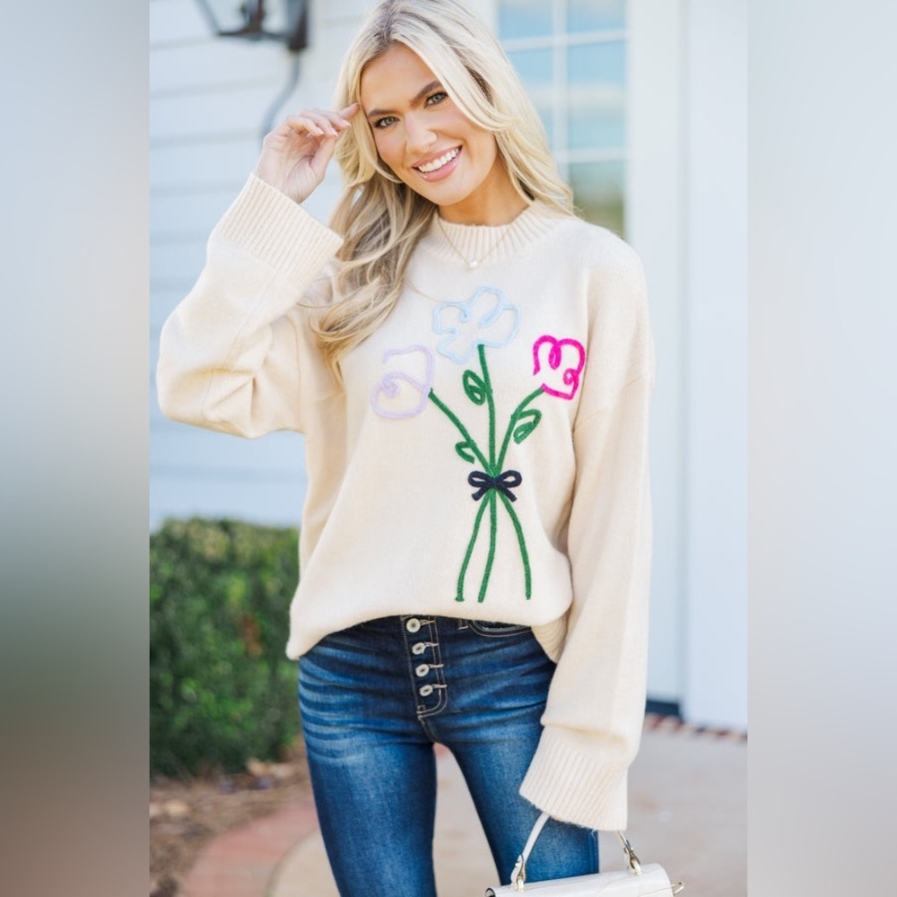 Keep You Close Taupe Bouquet Sweater - Oversized Small - GUC